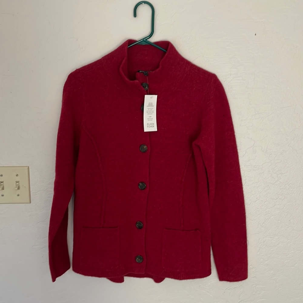 EILEEN FISHER felted lambswool sweater jacket red